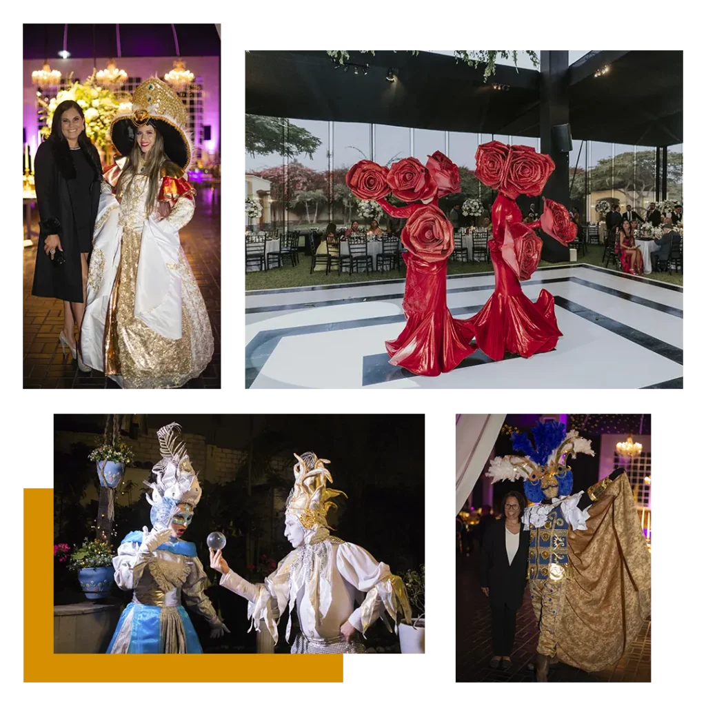 Personajes temáticos recibiendo invitados en evento corporativo en Lima