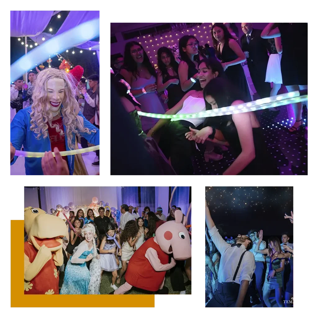 Bailarines animando show de hora loca en fiesta de 15 años en Lima