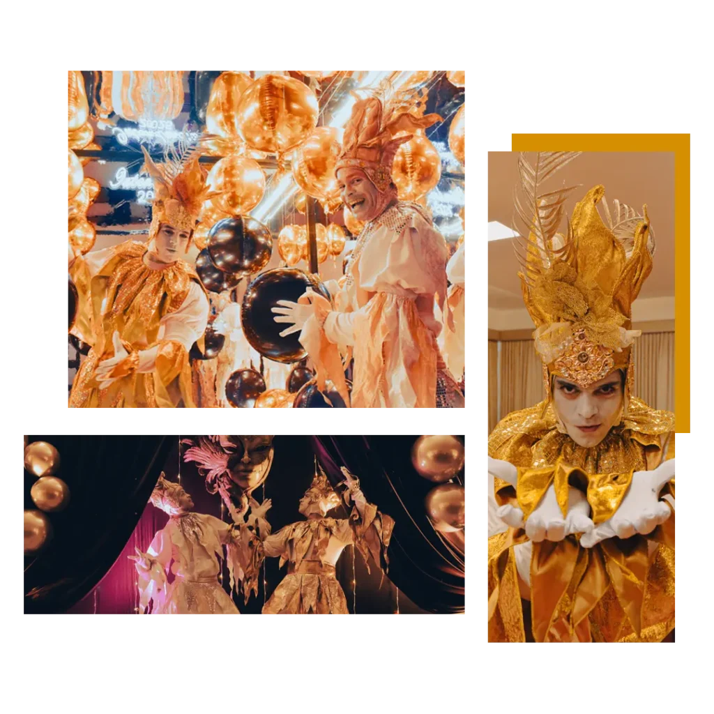 Personajes para dar la bienvenida a eventos con temática de Venecia Golden